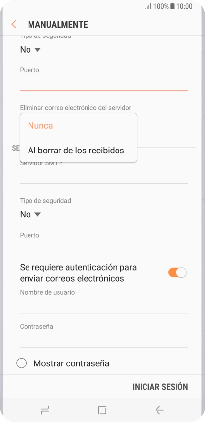 Pulsa Nunca para conservar los correos electrónicos en el servidor cuando los borras del teléfono.