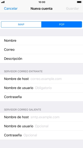 Pulsa Nombre de host e introduce el nombre del servidor de correo de entrada de tu proveedor de correo electrónico.