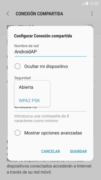 Pulsa WPA2 PSK para proteger la conexión wifi con una contraseña.