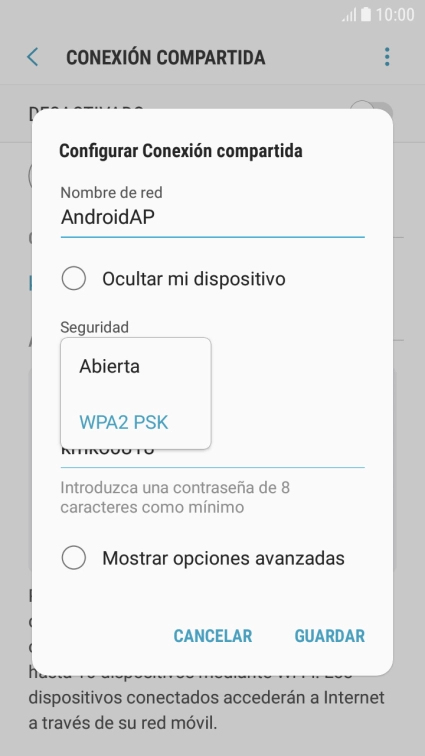 Pulsa WPA2 PSK para proteger la conexión wifi con una contraseña.