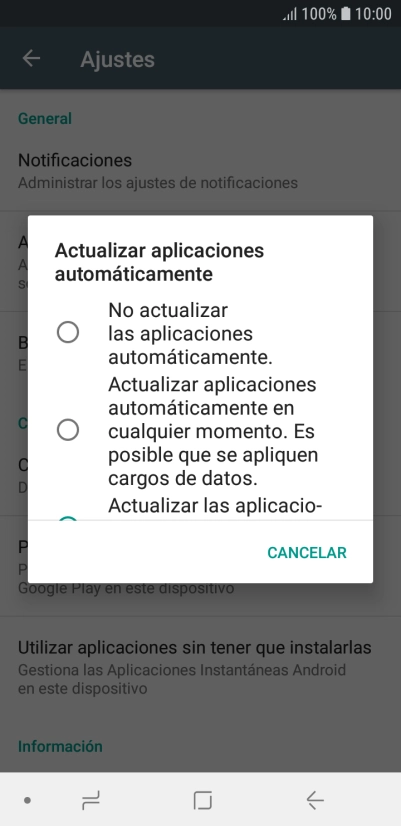 Para desactivar la actualización automática de apps, pulsa No actualizar las aplicaciones automáticamente..