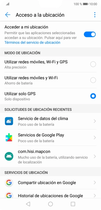 Si seleccionas Utilizar redes móviles, Wi-Fi y GPS, el teléfono podrá encontrar tu posición exacta con ayuda de los satélites GPS, la red móvil y una red wifi cercana. El GPS por satélite requiere vista libre al cielo.