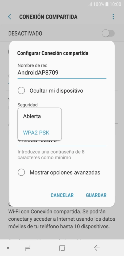 Pulsa WPA2 PSK para proteger la conexión wifi con una contraseña.