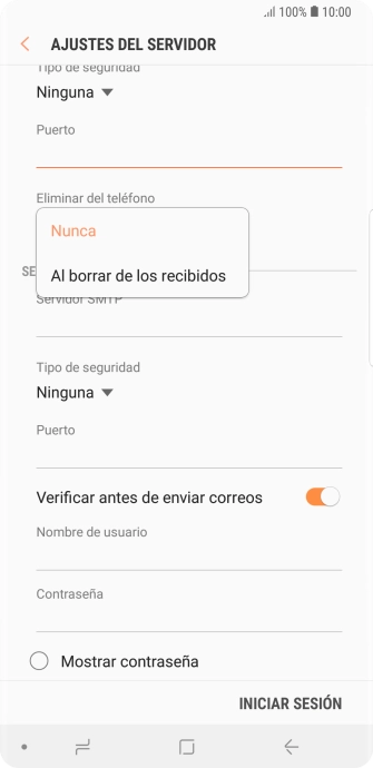 Pulsa Nunca para conservar los correos electrónicos en el servidor cuando los borras del teléfono.