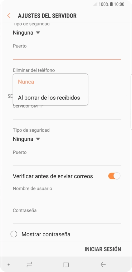 Pulsa Nunca para conservar los correos electrónicos en el servidor cuando los borras del teléfono.