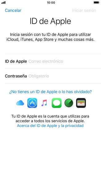 Si no tienes un ID de Apple, pulsa ¿No tienes un ID de Apple o lo has olvidado? y sigue las indicaciones de la pantalla para ver cómo crear un ID de Apple.