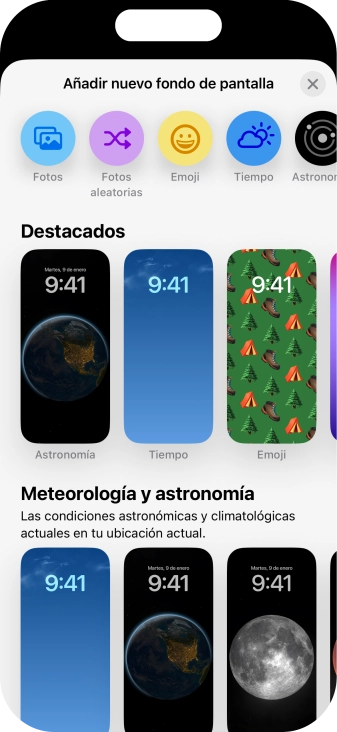 Pulsa una categoría y sigue las indicaciones de la pantalla para seleccionar la imagen de fondo deseada.