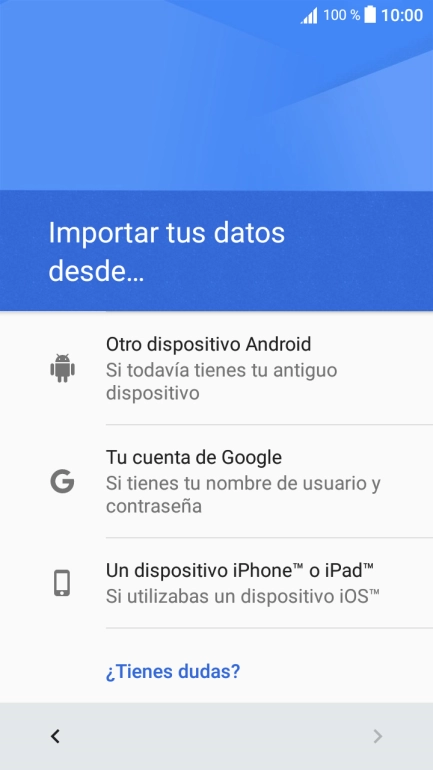 Pulsa la opción deseada y sigue las indicaciones de la pantalla para transferir contenido desde el otro teléfono y finalizar la activación de tu teléfono.