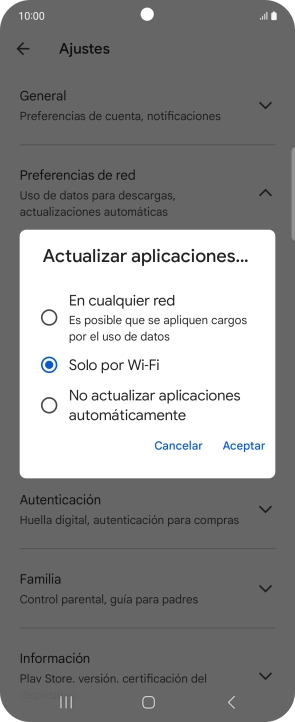Para activar la actualización automática de apps utilizando la red móvil, pulsa En cualquier red.