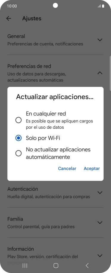 Para activar la actualización automática de apps utilizando la red móvil, pulsa En cualquier red.