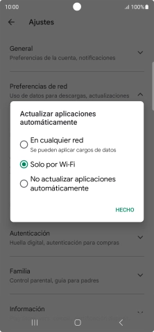 Para activar la actualización automática de apps utilizando la red móvil, pulsa En cualquier red.