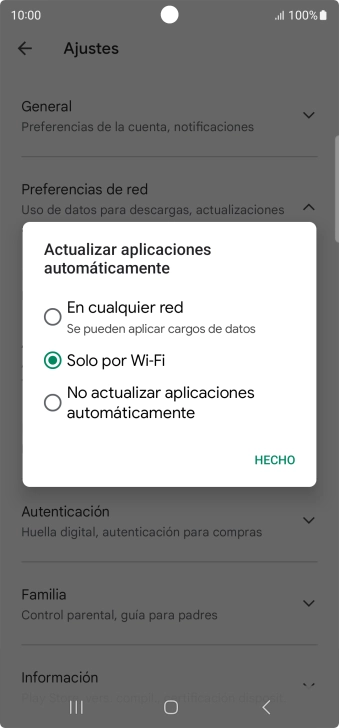 Para activar la actualización automática de apps utilizando la red móvil, pulsa En cualquier red.