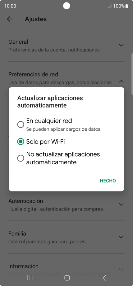 Para activar la actualización automática de apps utilizando la red móvil, pulsa En cualquier red.