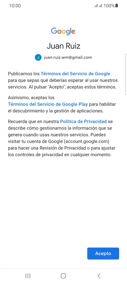 Pulsa Acepto y sigue las indicaciones de la pantalla para seleccionar los ajustes de tu cuenta de Google.