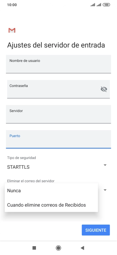 Pulsa Nunca para conservar los correos electrónicos en el servidor cuando los borras del teléfono.