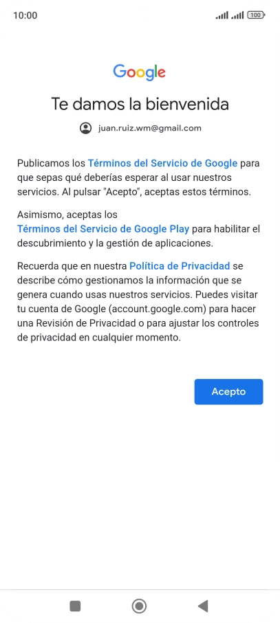 Pulsa Acepto y sigue las indicaciones de la pantalla para seleccionar los ajustes de tu cuenta de Google.
