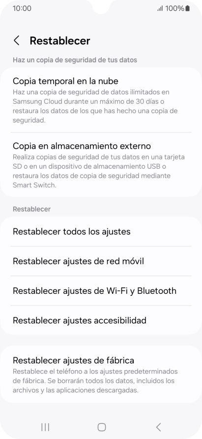 Pulsa Restablecer ajustes de fábrica.