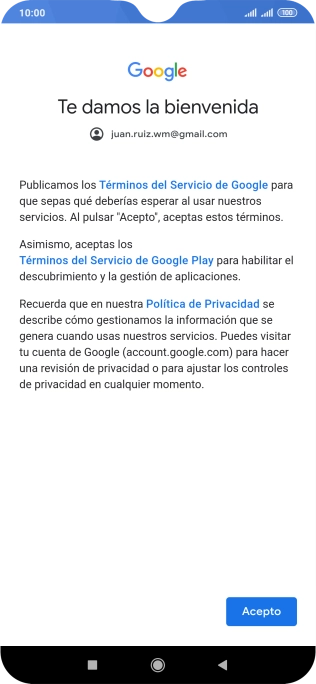 Pulsa Acepto y sigue las indicaciones de la pantalla para seleccionar los ajustes de tu cuenta de Google.