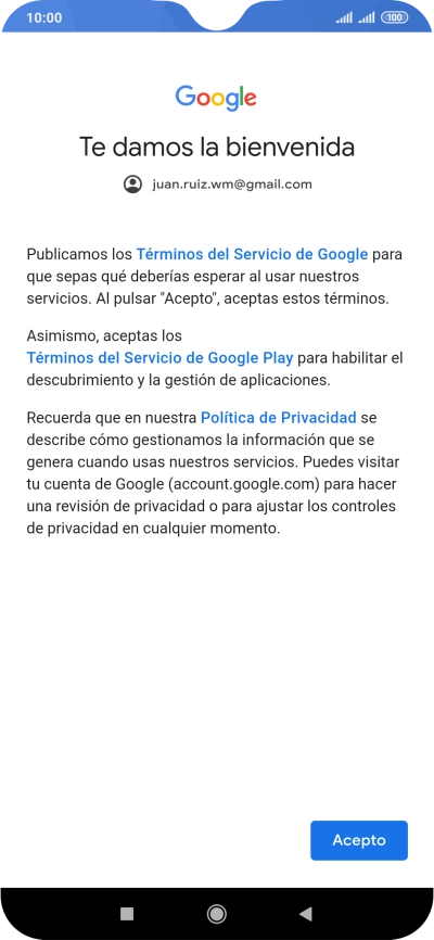Pulsa Acepto y sigue las indicaciones de la pantalla para seleccionar los ajustes de tu cuenta de Google.