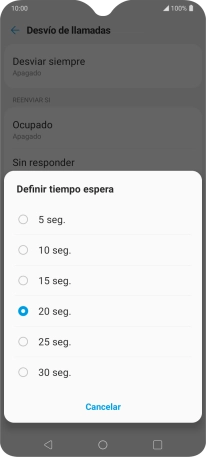 Si desvías las llamadas perdidas, tendrás que seleccionar un retardo para el desvío. Pulsa el retardo deseado y sigue las indicaciones de la pantalla para seleccionar el retardo deseado del desvío.