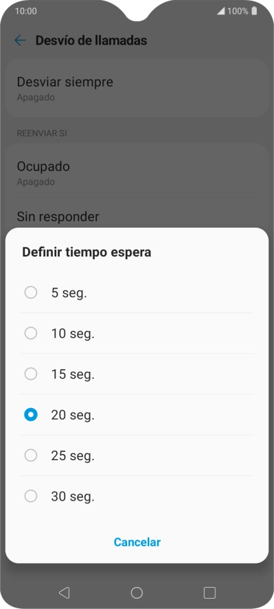 Si desvías las llamadas perdidas, tendrás que seleccionar un retardo para el desvío. Pulsa el retardo deseado y sigue las indicaciones de la pantalla para seleccionar el retardo deseado del desvío.