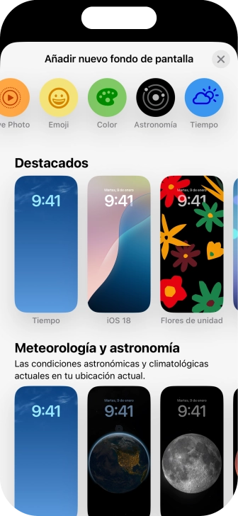 Pulsa una categoría y sigue las indicaciones de la pantalla para seleccionar la imagen de fondo deseada.