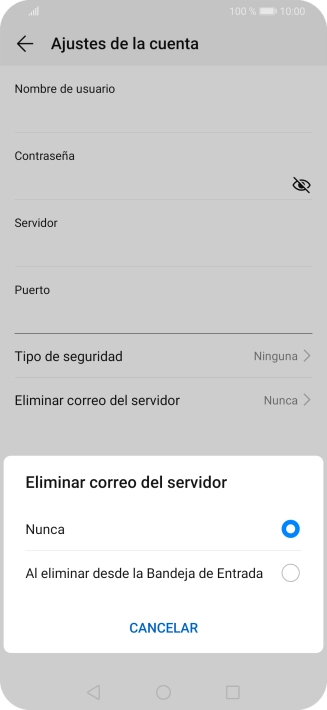 Pulsa Nunca para conservar los correos electrónicos en el servidor cuando los borras del teléfono.