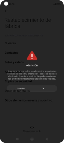 Pulsa OK. Espera unos instantes mientras el teléfono restablece la configuración predeterminada. Sigue las indicaciones de la pantalla para configurar el teléfono y dejarlo listo para su uso.