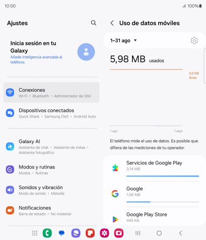 El consumo de datos por cada aplicación aparece bajo el nombre de la aplicación.