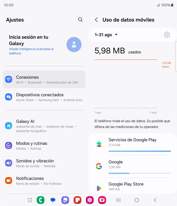 El consumo de datos por cada aplicación aparece bajo el nombre de la aplicación.