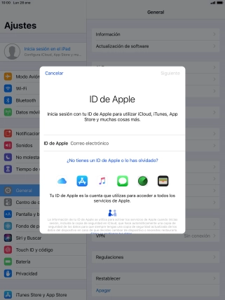 Si no tienes un ID de Apple, pulsa ¿No tienes un ID de Apple o lo has olvidado? y sigue las indicaciones de la pantalla para ver cómo crear un ID de Apple.