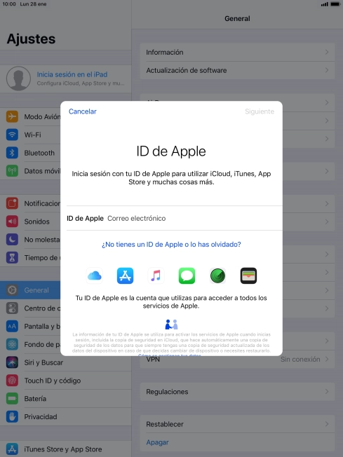 Si no tienes un ID de Apple, pulsa ¿No tienes un ID de Apple o lo has olvidado? y sigue las indicaciones de la pantalla para ver cómo crear un ID de Apple.