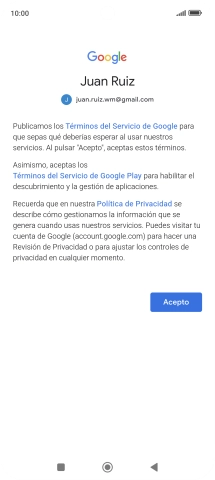 Pulsa Acepto y sigue las indicaciones de la pantalla para seleccionar los ajustes de tu cuenta de Google.