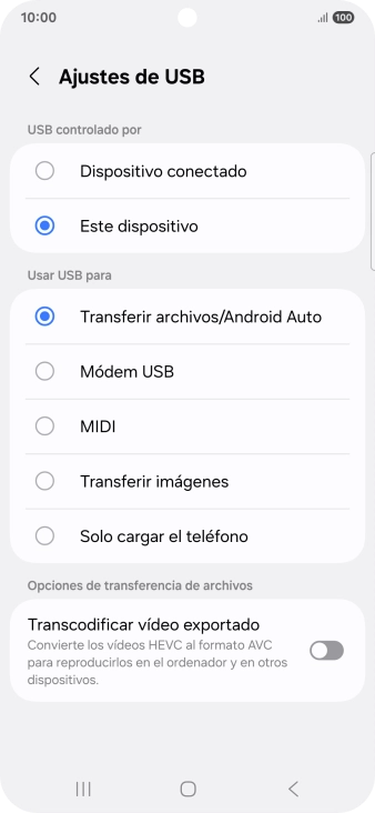 Pulsa Transferir archivos/Android Auto.