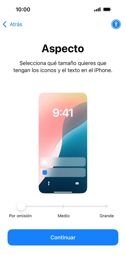 Selecciona el tamaño de letra y de los iconos que debe tener el teléfono y pulsa Continuar.