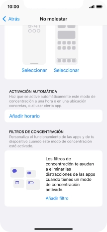 Pulsa Añadir horario y sigue las indicaciones de la pantalla para seleccionar los ajustes de la activación automática de No molestar.