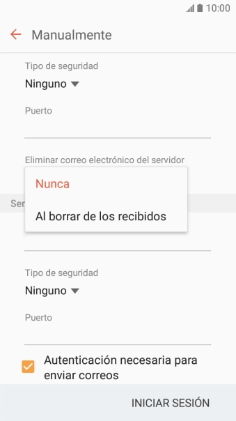 Pulsa Nunca para conservar los correos electrónicos en el servidor cuando los borras del teléfono.