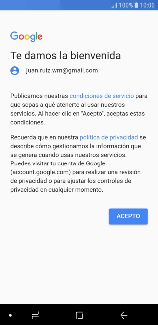 Pulsa ACEPTO y sigue las indicaciones de la pantalla para seleccionar los ajustes de tu cuenta de Google.