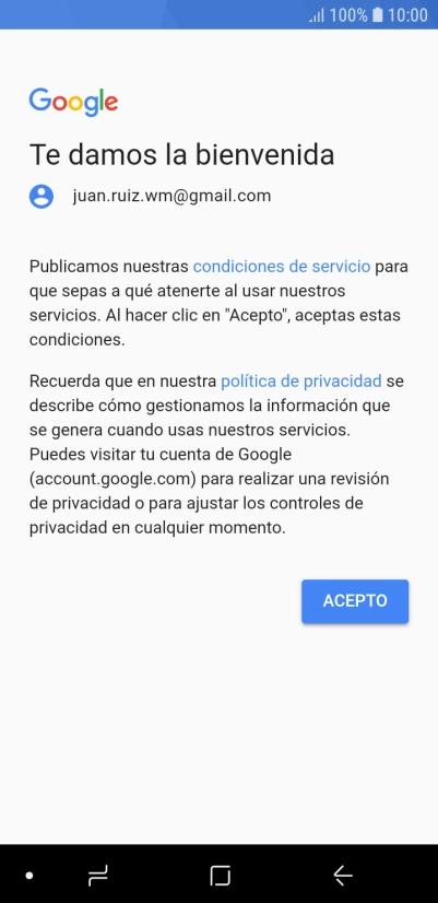Pulsa ACEPTO y sigue las indicaciones de la pantalla para seleccionar los ajustes de tu cuenta de Google.