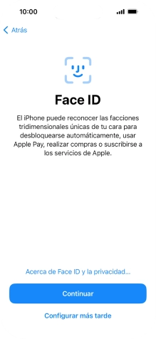 Sigue las indicaciones de la pantalla para activar el uso del reconocimiento facial (Face ID) o pulsa Configurar más tarde.