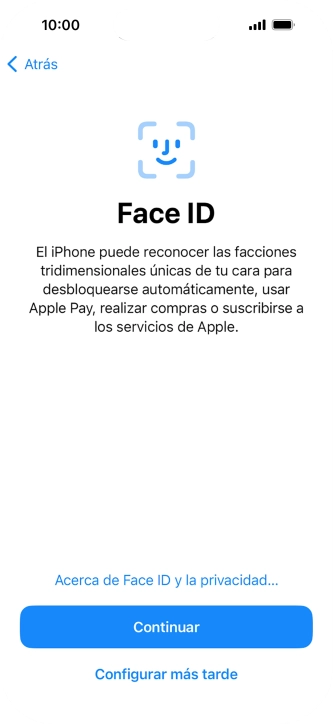 Sigue las indicaciones de la pantalla para activar el uso del reconocimiento facial (Face ID) o pulsa Configurar más tarde.