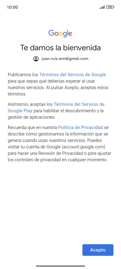 Pulsa Acepto y sigue las indicaciones de la pantalla para seleccionar los ajustes de tu cuenta de Google.