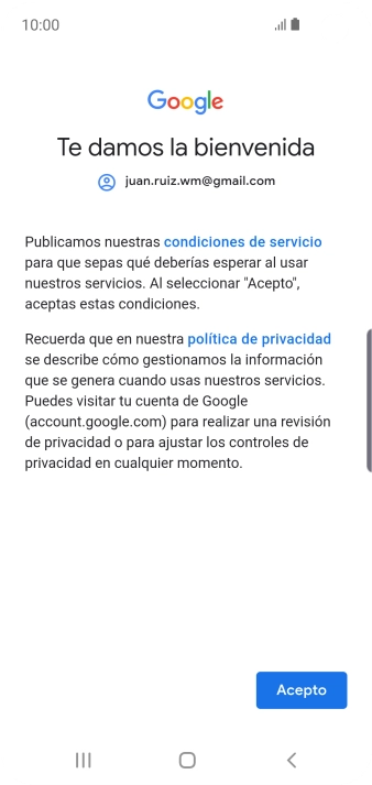 Pulsa Acepto y sigue las indicaciones de la pantalla para seleccionar los ajustes de tu cuenta de Google.