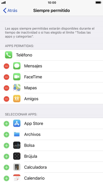 Pulsa el icono de eliminar junto a la app deseada para borrarla de la lista de apps permitidas bajo el tiempo de inactividad de pantalla.