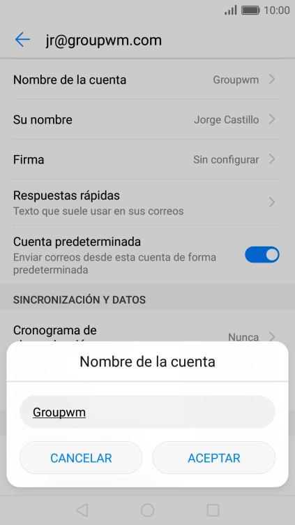 Pulsa ACEPTAR e introduce el nombre de la cuenta de correo electrónico.
