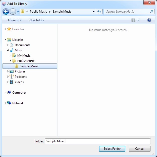 Desplázate al archivo o la carpeta deseados en el sistema de archivos del ordenador y sigue las instrucciones de la pantalla para añadir un archivo o una carpeta a la biblioteca de iTunes.