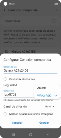 Pulsa WPA2 PSK para proteger la conexión wifi con una contraseña.