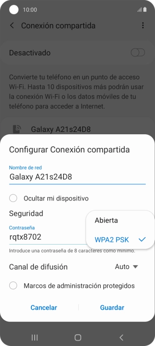 Pulsa WPA2 PSK para proteger la conexión wifi con una contraseña.