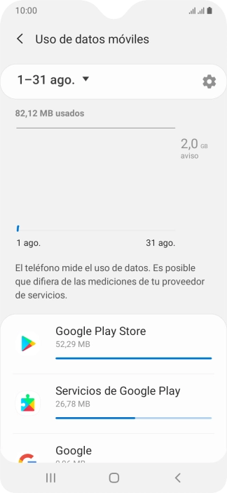 El consumo de datos por cada aplicación aparece bajo el nombre de la aplicación.