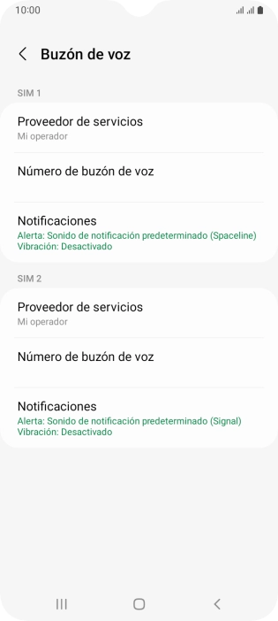 Pulsa Número de buzón de voz bajo la tarjeta SIM deseada.